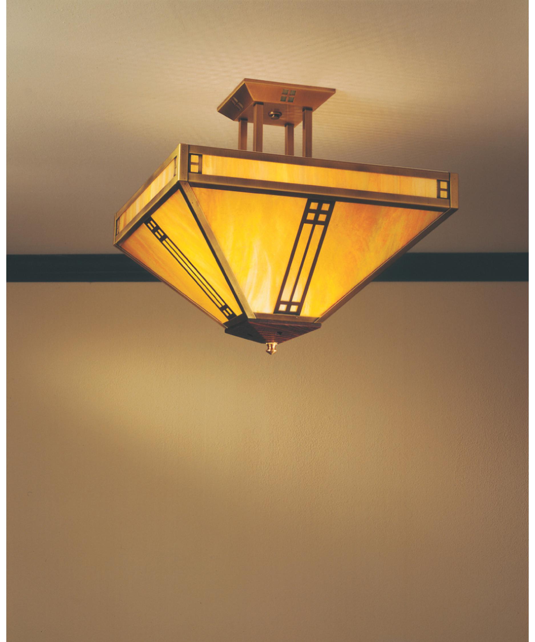 Arroyo Craftsman Pih 15 Prairie Inch Wide Semi Flush Mount Shown In Antique Brass Finish And Gold White Iridescent Glass